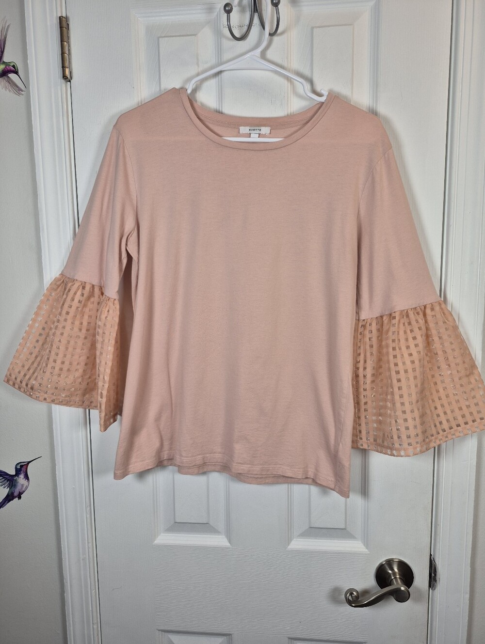 Maette Stella Dot Lolo Blush Peach Knit Top Sheer Checked Bell Sleeve M